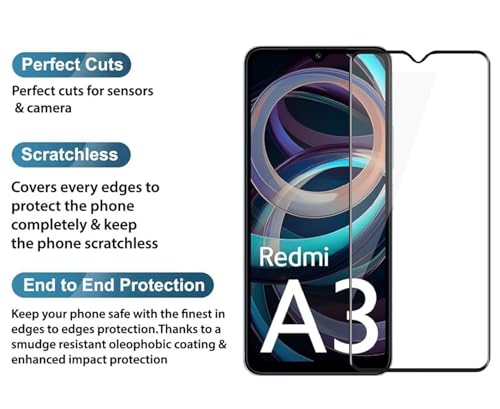Image of SENBUN Tempered Glass Screen Protector Compatible for Redmi A3 5G with Edge to Edge Coverage and Easy Installation Kit, Pack of 1, Black