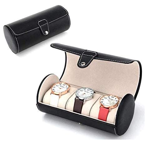 BluBasket Travel Watch Organizer Watches Case Leatherette Roll Watch Storage Pouch Jewelry Box 3-Slots Classic Black