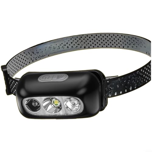 HomeVortex Lampe frontale LED rechargeable avec détecteur de mouvement, portée de faisceau de 200 m, étanche, 3 modes d'éclairage, lampe frontale LED pour course à pied, camping, randonnée, pêche (D)