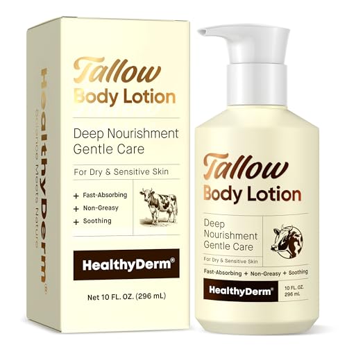 Beef Tallow Body Lotion for Skin: Grass-Fed Daily Moisturizing Cream for Dry Mature & Crepey Skin Fast-Absorbing Non-Greasy Fragrance-Free Moisturizer with Aloe & Shea Butter 10 fl oz