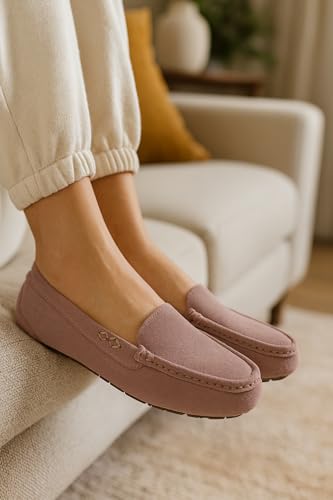 Image of Project Cloud 100% Genuine Leather Slippers for Women - Fur Lined Outdoor Slippers for Women Footwear with Memory Foam - Stylish Womens Moccasin (Cathi)
