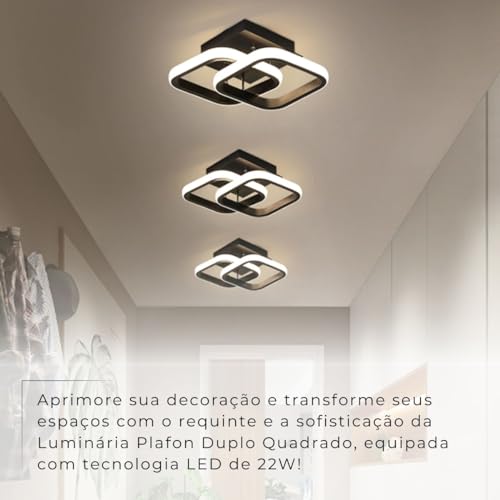 Luminaria Plafon Teto Pendente Quadrado Luz Led Sobrepor 22w Cor Preta com Luz Amarela 3000K