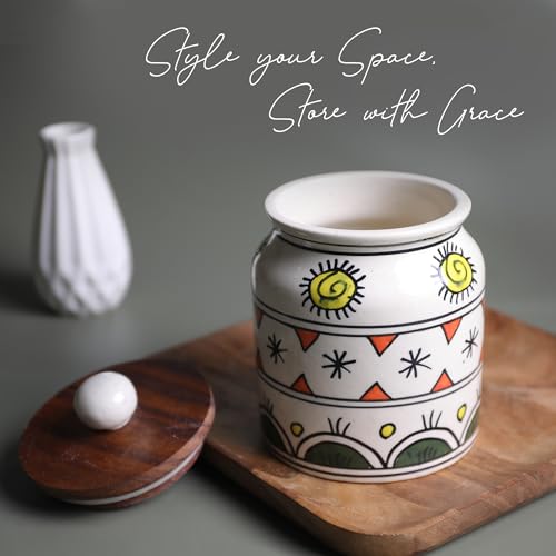 Image of Ceramic Jar & Container for Kitchen Storage Set | Multi Utility Air Tight Kitchen Organizer Items | Tea Coffee Sugar Container with Wooden Lid (Hand-Painted, 450 ML, Pack of 1)