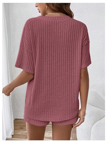 MakeMeChic Women's Maternity Pajamas Lounge Sets 2 Piece Outfits Short Sleeve Rib Knit Tops and Shorts Sets Pregnancy Clothes2