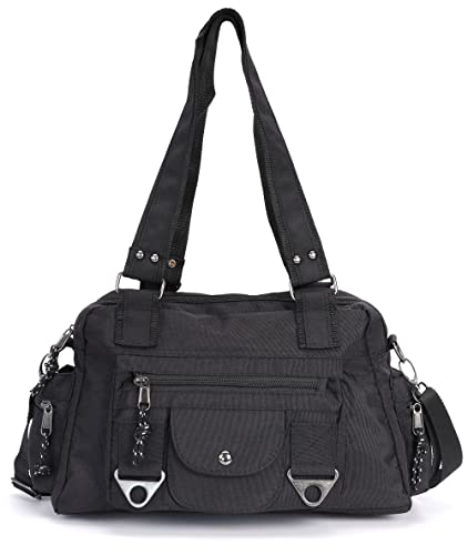 irisaa Schultertasche Damen, Canvas Multifunkionale Umhängetasche, Casual Handtasche mit vielen fächern für Schule Shopping Arbeit, Unisex, DKB Farbe:Schwarz