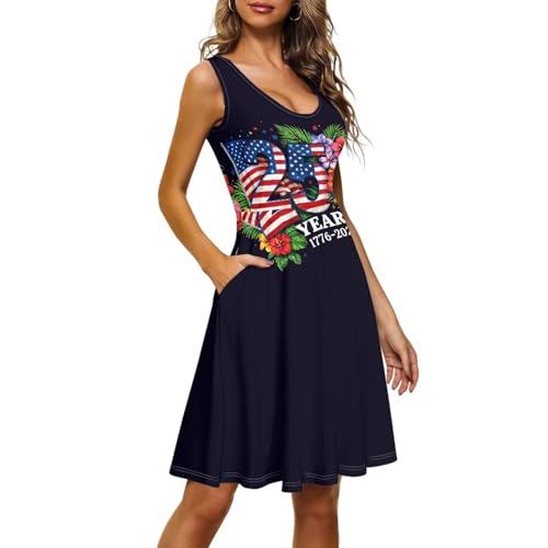 Image of Women Stylish Tank Dresses Sleeveless Round Neck Midi Casual Dress with Pocket for Summer