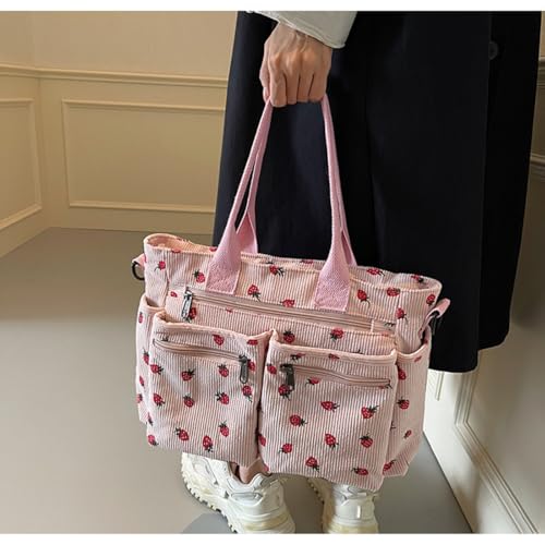 Women Strawberry Bags, Corduroy Everyday Tote Bag Kawaii Shoulder Purse Handbag Crossbody Work Bag3