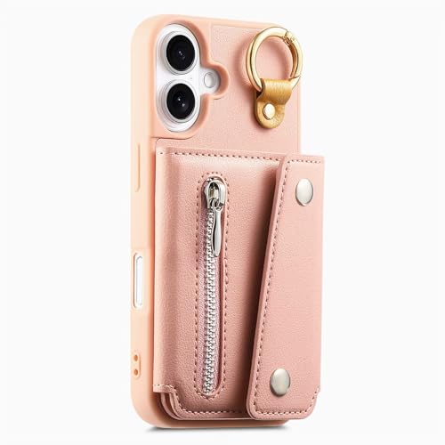 COQUE Funda Cartera para Apple iPhone 16, con asa anular, múltiples Ranuras para Tarjetas, Bolsillo con Cremallera y función de Soporte, Funda Protectora para Apple iPhone 16-Rosa