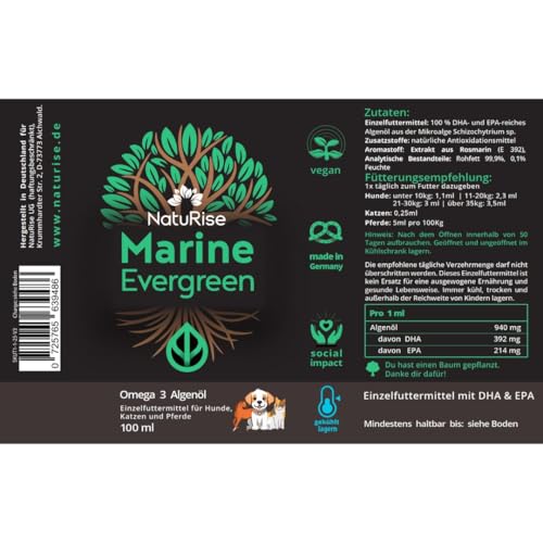 NatuRise® Omega 3 Algenöl für Haustiere Vegan [100ml] - Algen Öl für Hunde, Katzen & Pferde mit 1822mg DHA & EPA - Laborgeprüft - Triglycerid-Form - UV-Glas, Pipette & Dosierskala - Algengeschmack