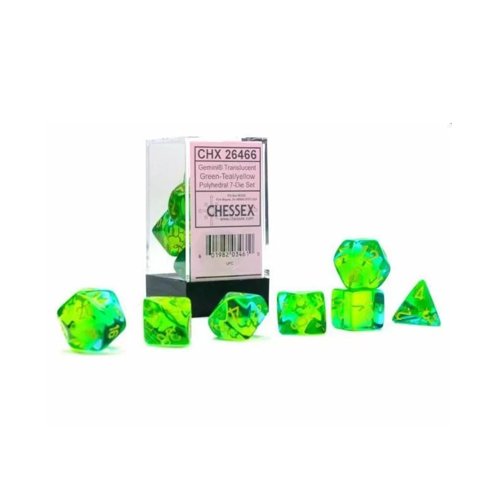 Chessex Lot de dés - Gémeaux 16 mm : vert translucide, bleu sarcelle/jaune - Donjons et dragons D&D DND TTRPG - Comprend 7 dés - D4 D6 D8 D10 D12 D20 D Chessex Lot de dés - Gémeaux 16 mm : vert translucide, bleu sarcelle/jaune - Donjons et dragons D&D DND TTRPG - Comprend 7 dés - D4 D6 D8 D10 D12 D20 D