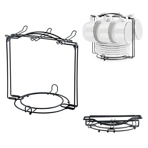 YOLIFE Tea Cups Suacers Display Stand, Disassemble Holder with 6 Hooks for Coffee Mugs Cups, Iron Rack, Matte Black