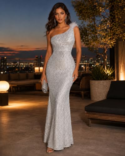 Image of One Shoulder Formal Evening Gowns Sequin Mermaid Maxi Dress for Wedding Guest