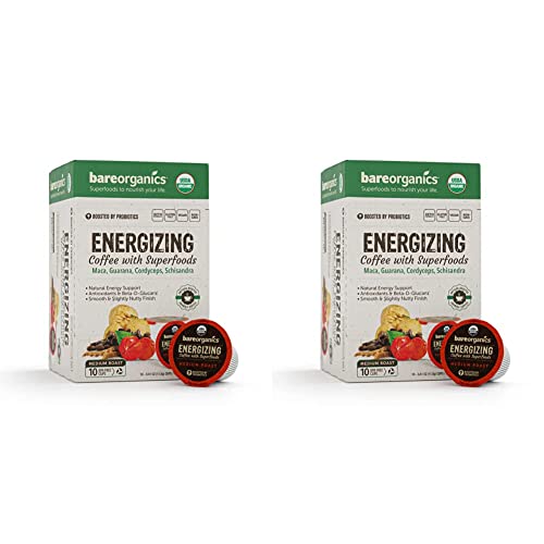 Bareorganics 13214 Energizing Usda Organic Coffee Infused With Superfoods & Probiotics, Organic Coffee Pods, Keurig K-Cup Compatible Organic Coffee Pods, Vegan, Gluten Free, 10 Single (Pack Of 2) #TOP18