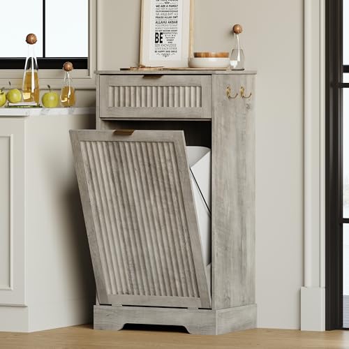 13 Gallons Tilt Out Trash Can Cabinet, Fluted Trash Cabinet, Grey