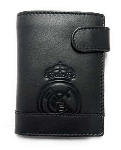 Cartera Oficial del Real Madrid - Piel 100% Legítima con Protección RFID, Diseño Exclusivo con Escudo del Club. Regalo para Hombre. (Vertical con Broche Y Monedero Negro)