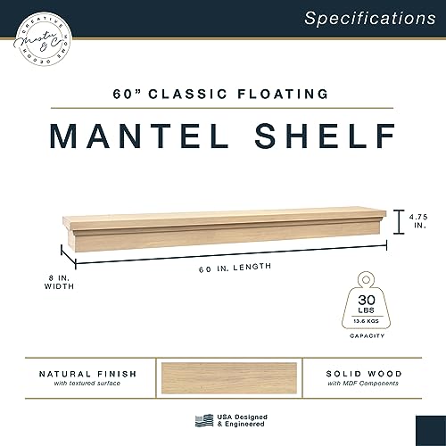 Image of MCS 60-Inch Mantel, Master & Co Natural Woodgrain Finish Solid Wood Floating Fireplace Mantel, Long Floating Shelf for Livingroom with Wood Cleat Hanging System, Photo and Home Decor Display Shelf