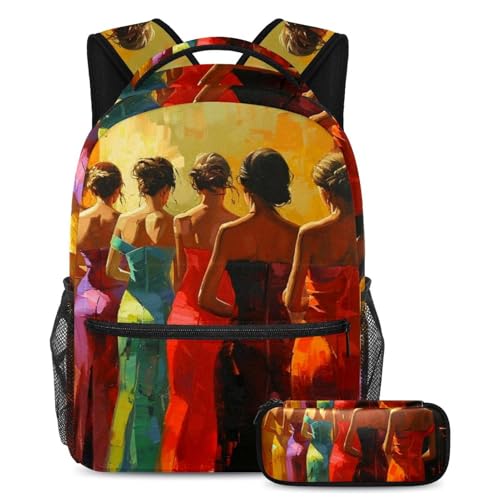Sac d'école artistique coloré femme grand volume, ensemble sac à dos fonctionnel et trousse