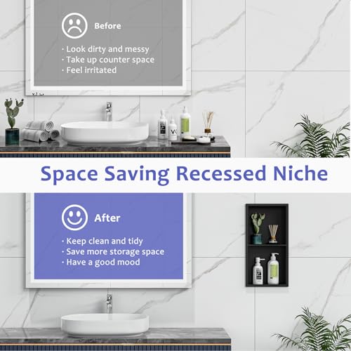 Shower Niche No Tile Needed, 12" X 24"(Inner Size 11"X22.6") Bathroom Niche for Shower Wall, Black Stainless Steel Shower Niche Insert for Bathroom, Recessed 2-Tier Wall Niche Shelf - Image 6