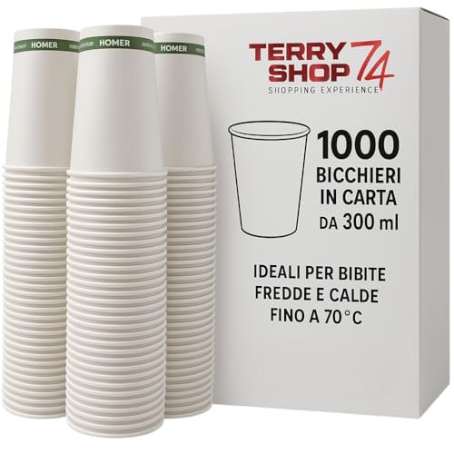 Terryshop74 1000 bicchieri in carta biodegradabile XXXL 300 ml per bevande Fredde Calde The e Cappuccino Birra (1000 bianchi, 1000, unità)
