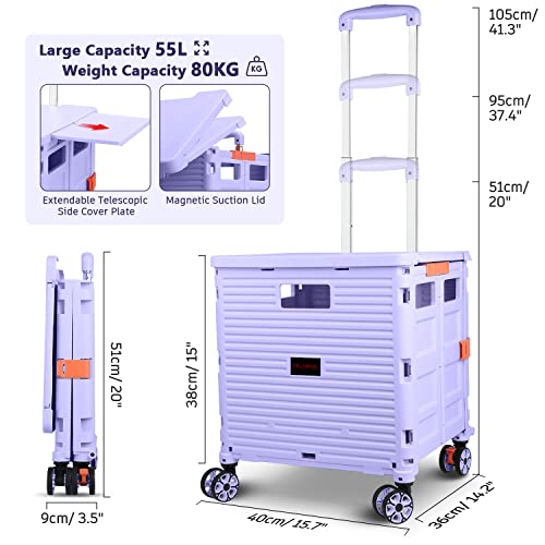 Foldable Utility Cart Collapsible Portable Crate Rolling Carts With Wheels Teacher Cart With Magnetic Lid Telescopic Cover Wear-Resistant 360°Rotate Wheel Noiseless For Shopping Storage Office Use #TOP6