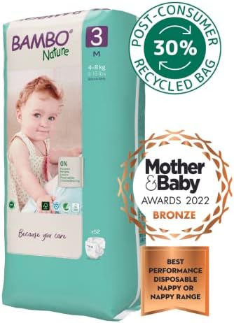 Bambo Nature Premium Eco Nappies, Eco-Friendly Sustainable Nappies, Enhanced Leakage Protection, Secure & Comfortable Baby Nappies, Secure & Comfortable - Size 3 Nappies (9-18lb/4-8kg), Midi, 156PK