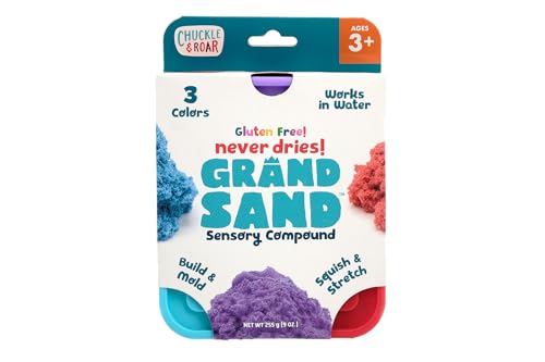 Chuckle & Roar Grand Sand Sensory 3-Pack – Never-Drying Tactile Construction Sand, Gluten-Free, Reusable, Works in Water, Creative Play for Kids Ages 3+