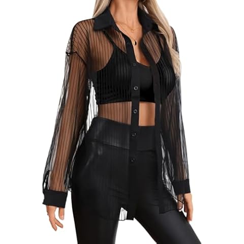 Milumia Women Striped Mesh Sheer Button Up Shirt Long Sleeve Drop Shoulder Blouse Top Black Large Cover