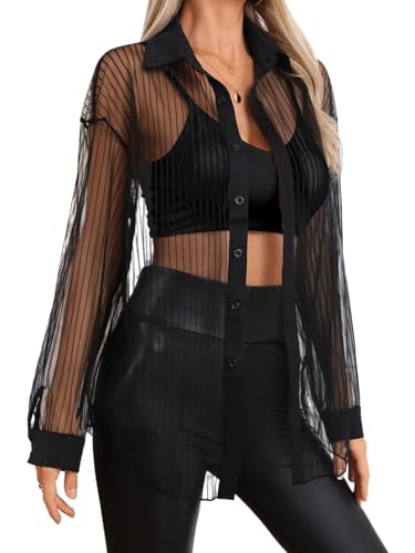 Milumia Women Striped Mesh Sheer Button Up Shirt Long Sleeve Drop Shoulder Blouse Top