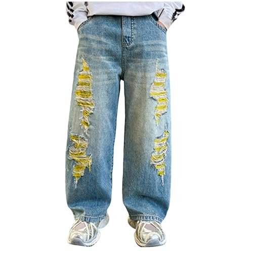 Boys Baggy Jeans Kids Trendy Ripped Destroyed Casual Denim Pants Streetwear Straight Leg Jean Trousers with Pockets