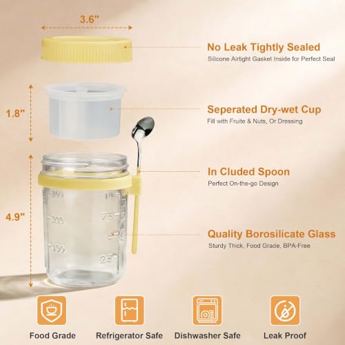 Image of 6 Pack Yellow Overnight Oats Containers with Lids and Spoon - 16 oz Glass Mason Jars with Separate Compartments Leakproof Sugar Packet Holders Chia Yogurt Parfait Cups for Oatmeal Cereal Meal Prep