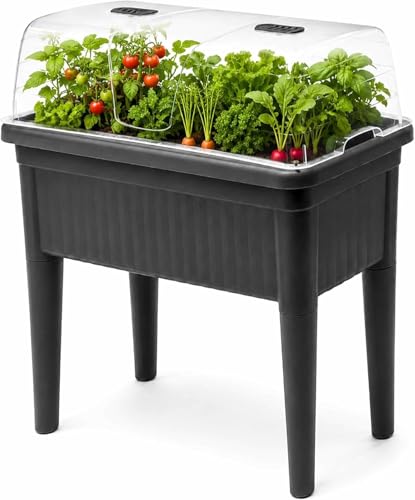 Image of PRADICHI Raised Garden Bed Planter Box with Greenhouse Lid & Legs - Elevated Plastic Vegetable & Herb Grow Box for Patio, Balcony & Small Spaces - Black - 73 x 34 x 84 cm