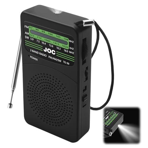 Radio Portable AM/FM/SW, Mini Radio à Piles Survie (AA) avec Clip et Cordon/Lampe Torche, Fonction écouteurs, Excellente Qualité Sonore, Mini Radios de...