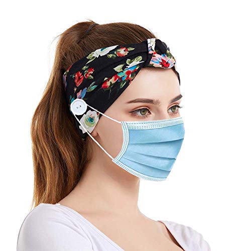 LuckyShe Handmade Headbands with Buttons for Mask Women Girls Flower Elastic Bands Protect Your Ears,Navy