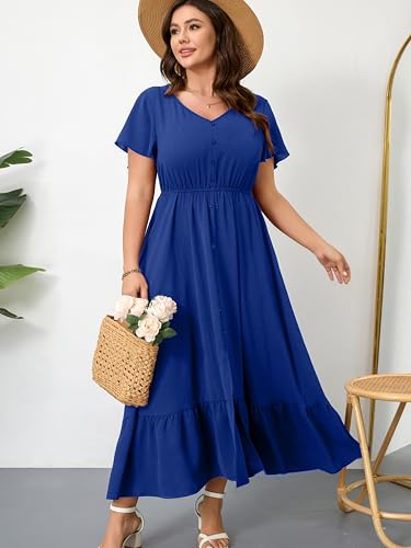 Image of RWJ Women Plus Size Maxi Dress V Neck Short Sleeve Button Trim Split Flowy Tiered Casual Long Dresses 2025 L-3XL