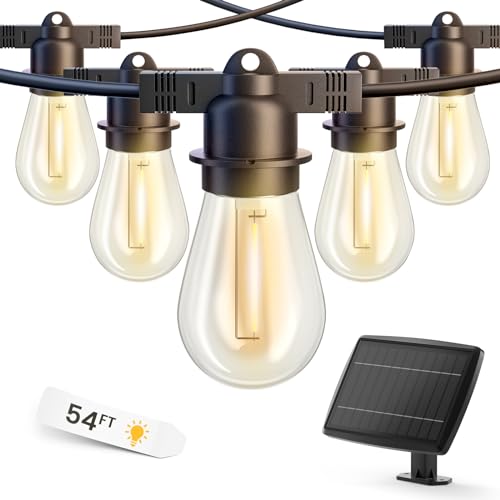 LED Outdoor String Lights 54Ft outdoor lights with 16 Edison Shatterproof Bulbs (1 Spare),Solar Powered Patio Lights, Weatherproof,4 lighting modes String Lights for Porch or Garden Decoration