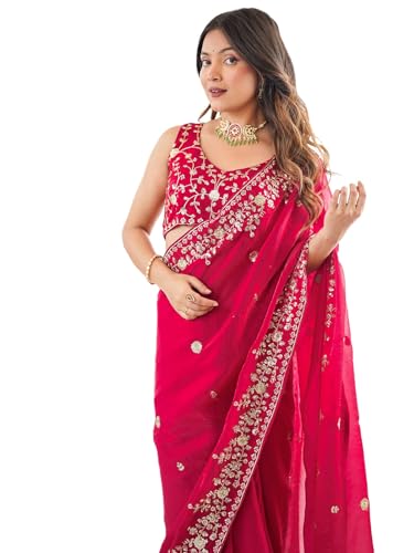 Image of Satrani Women's Tissue Silk Scalloped Border Sequins Embroidery Saree with Unstitched Blouse Piece