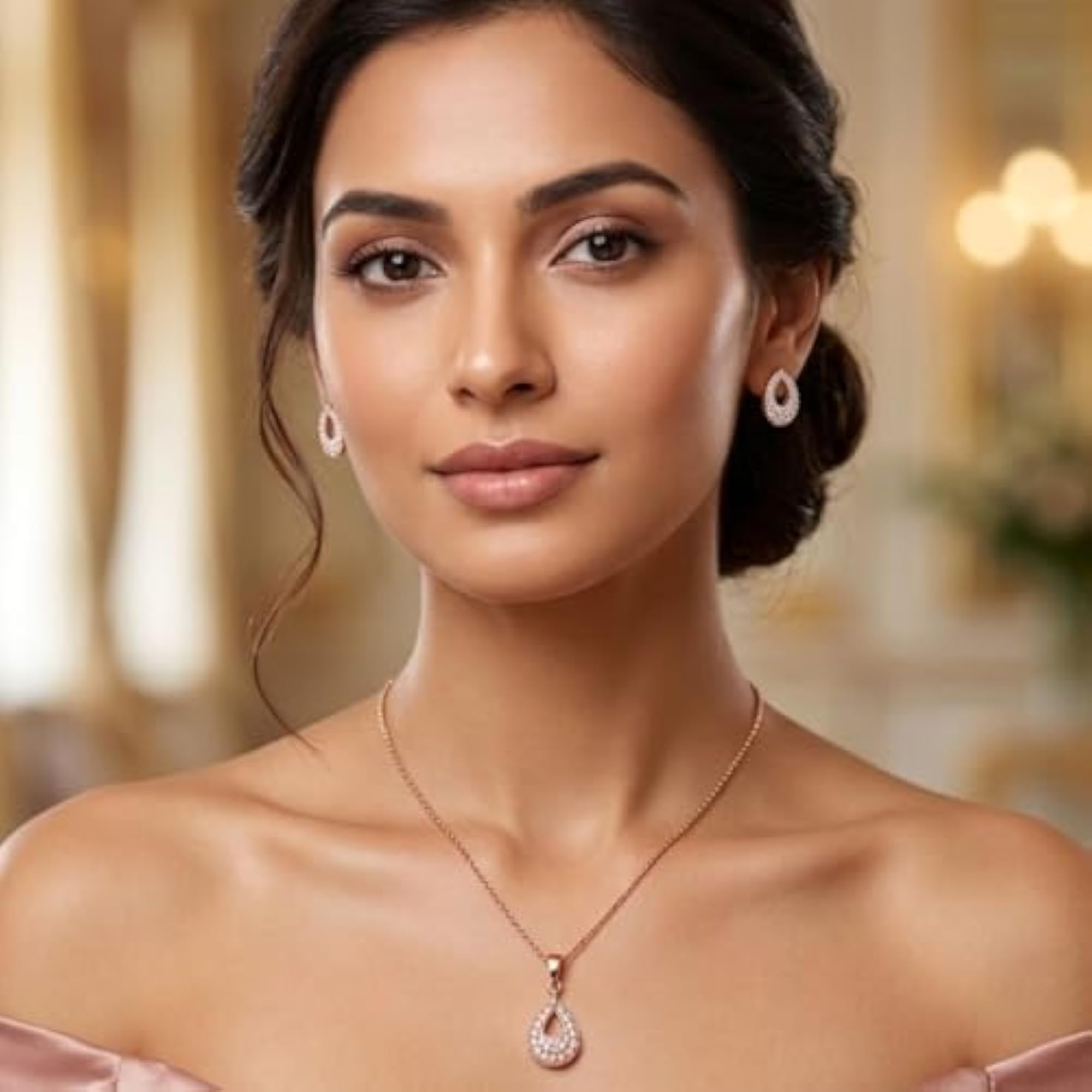 Women's Crystal Drop Pendant Necklace Set with Matching Stud Earrings