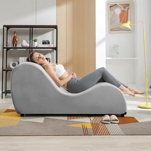 ZAFLY Yoga Chair, Curved Yoga Chaise Lounge for Stretching Relaxing Exercising, Modern Velvet Sleek Yogas Chaise Lounge Sofa Chair with Ergonomic Positioning for Bedroom, Living Room - Light Grey