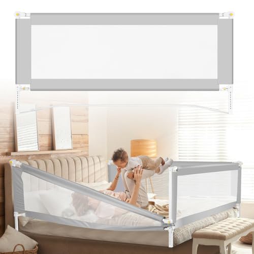 Jaxguom Barrera de cama para niños, barandilla protectora de cama, altura regulable (68 – 95 cm), barandilla contra caídas, estable y duradera, fácil montaje (gris, 150 cm, 1 lado)