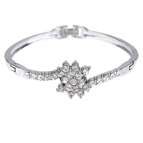 Elegant Sparkly Silver Colored Bracelet Bangle With Flower Shape Encrusted With Clear Rhinestones Gemstones Crystals By VAGA