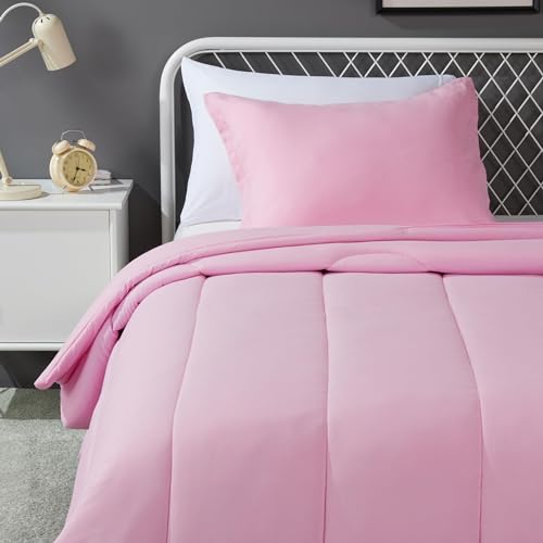 Amazon Basics 2-Piece Soft Microfiber Kids Comforter and Pillow Sham Set Twin Light Pink Solid