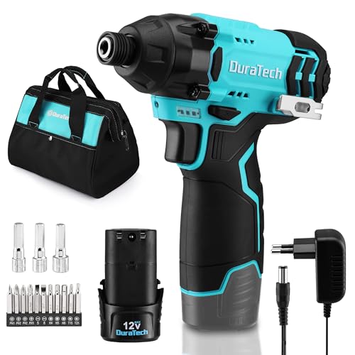 DURATECH akumulatorowa wkrętarka z funkcją udarową, akumulatorowa wkrętarka udarowa 12 V (100 Nm, 0–2400 obr./min, uchwyt 1/4″), 11 wierteł śrubowych i 3 nakrętek, w zestawie z 2000 mAh akumulatorem