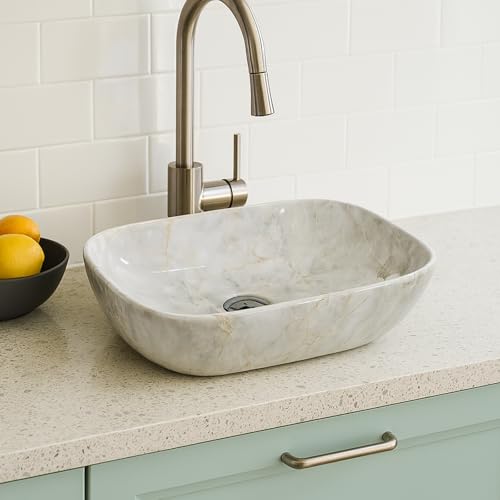 Image of Ceramic Tabletop Wash Basin - Glossy Rectangular Countertop Vessel Sink with Marble Finish for Bathroom & Vanity | Compact 18 x 13 x 5 Inch | Elegant Washbasin