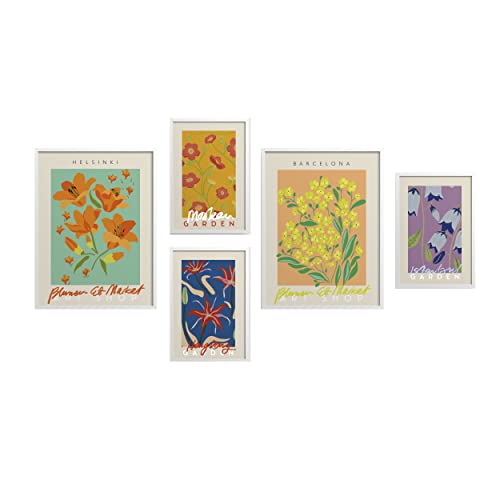 Homepack Set Of 5 Retro Vintage Flower Of Cities Framed Poster Prints On Mdf Printed Wall Art Painting Home Living Room Office Decoration 2 Piece Of 12X16Inch, 3 Piece Of 8X12Inch (White Laminated Frame) #TOP4