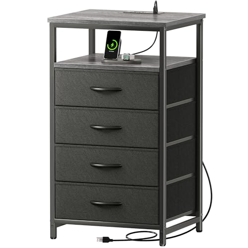 Image of Huuger Night Stand with Charging Station, 4 Drawer Dresser for Bedroom, Bedside Table, 33.5 Inch Tall Nightstand with Open Shelf, End Table, for Closet, Entryway, Bedroooom, Gray