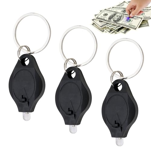 teasteam 3 Pack UV Money Checker Keychain Torch - Mini LED Blacklight Detector for Bank Notes & Watermark Verification Identifying Jadeite | Portable Keyring Flashlight (Black)