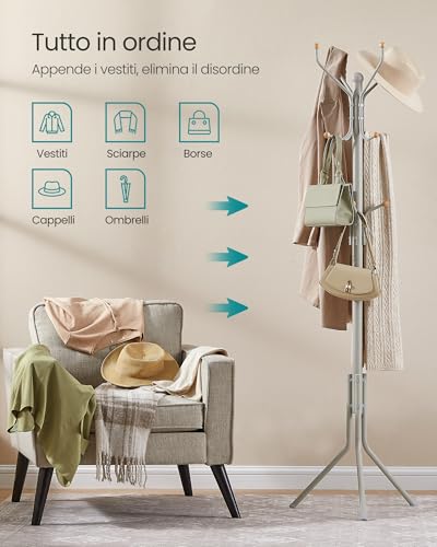 SONGMICS Appendiabiti da Terra, Attaccapanni Autoportante in Metallo, Altezza 182 cm, 12 Ganci, per Vestiti, Cappelli, Borse, Beige Cappuccino RCR019K01 - Immagine 2