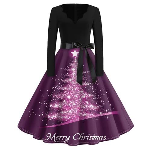 Weihnachtskleid Damen Elegant Langarm Cocktailparty Vintage Maxikleider A Linie Vintage Partykleid Weihnachtlich Bedruckt Cocktailkleid Festliche...