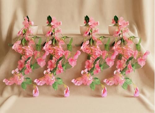 Image of Dekorly Artificial Hanging Garland with Pot - 100cm Vine, 10cm Decorative Pot for Table, Shelf & Wall Decor (4, Pink)