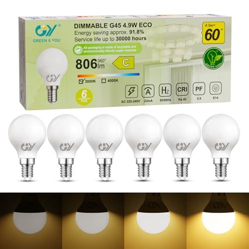 GY Lampadine LED E14 Dimmerabili, 4.9W (equivalenti a 60W), Lampadine LED G45 Attacco Piccolo, 3000K Luce Calda, 807 Lumen, Luminosità Regolabile, Certificazione CE, Confezione da 6 Pezzi